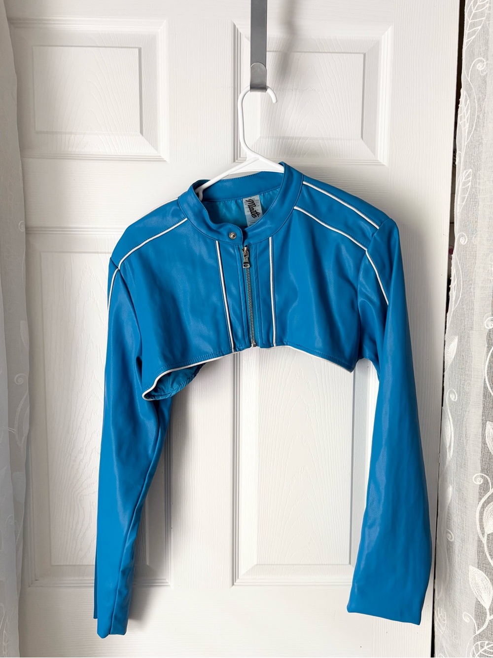 Matte Cropped Blue Zip-Front Bolero moto Jacket logo size L pu faux leather